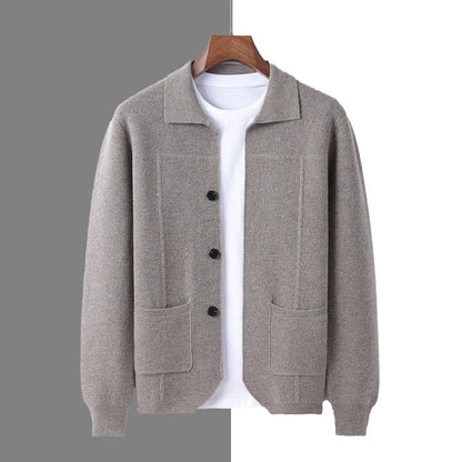 100% Merino Wool Men's Lapel Collar Knit Cardigan Autumn Winter Thicken Solid Color POLO Neck Suit Shirt Cashmere Jacket Sweater
