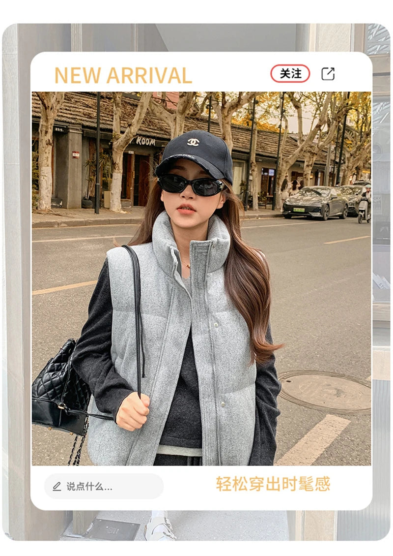 Short Down cotton Vest Women's 2025 Korean Fashion New Stand-up Sleeveless Zipper Student Vest Jacket Black Gray Waistcoat Tide