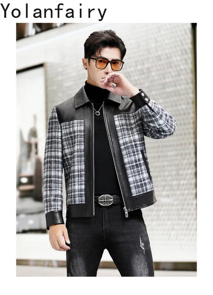 YOLANFAIRY Plaid Wool Spliced Genuine Sheepskin Jacket for Man Spring Autumn Short Woolen Coat Turn Down Collar abrigo hombre