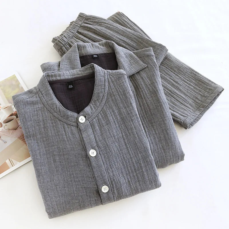 2026 Spring and Autumn New Couple Pajama Set 100% Pure Cotton Crepe Cloth Men's and Women's Stand up Neck Simple Home Clothing
