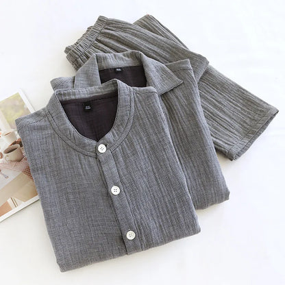 2026 Spring and Autumn New Couple Pajama Set 100% Pure Cotton Crepe Cloth Men's and Women's Stand up Neck Simple Home Clothing