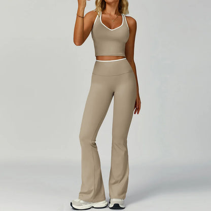 2PCS Workout Clothes Wide Leg Pant Yoga Suits Solid Color Bra Sports Set Gym Tracksuits Female Quick Dry Fitness Suit Sports Set