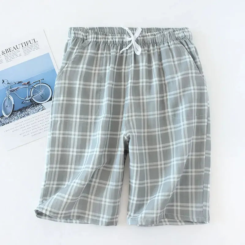 Men's Cotton Gauze Trousers Plaid Knitted Sleep Pants Woman Pajamas Pants Bottoms Sleepwear Short for Couples Pijama Hombre