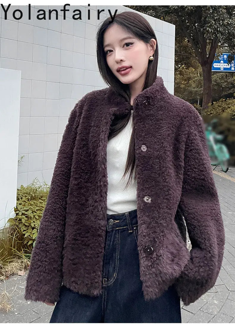 YOLANFAIRY 100% Genuine Leather Jacket Women Warm Natural Fur Coat Woman Winter Short Real Lamb White Fur Coats Jaqueta Feminina