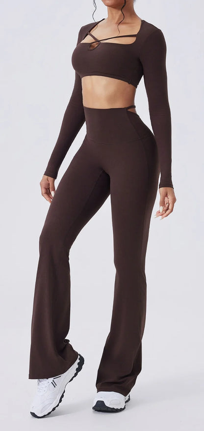 Cloud Hide Brown Yoga Suit Gym Woman Fitness Set Long Sleeve Sports Tracksuit Top Pants Workout Pilates Outfits Running Clothes