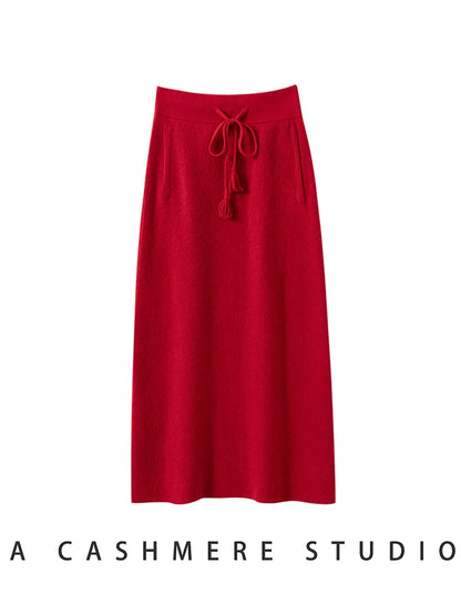 CHICUU Women's 100% Cashmere Knitted Skirt A-line Skirt Autumn Winter Thick Warm Office Lady Grace Style Cashmere Knitwear Skirt