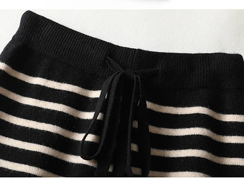 Women's Spring and Autumn 100% Merino Wool 90 Count Knitted Striped Wide Leg Pants