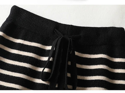 Women's Spring and Autumn 100% Merino Wool 90 Count Knitted Striped Wide Leg Pants