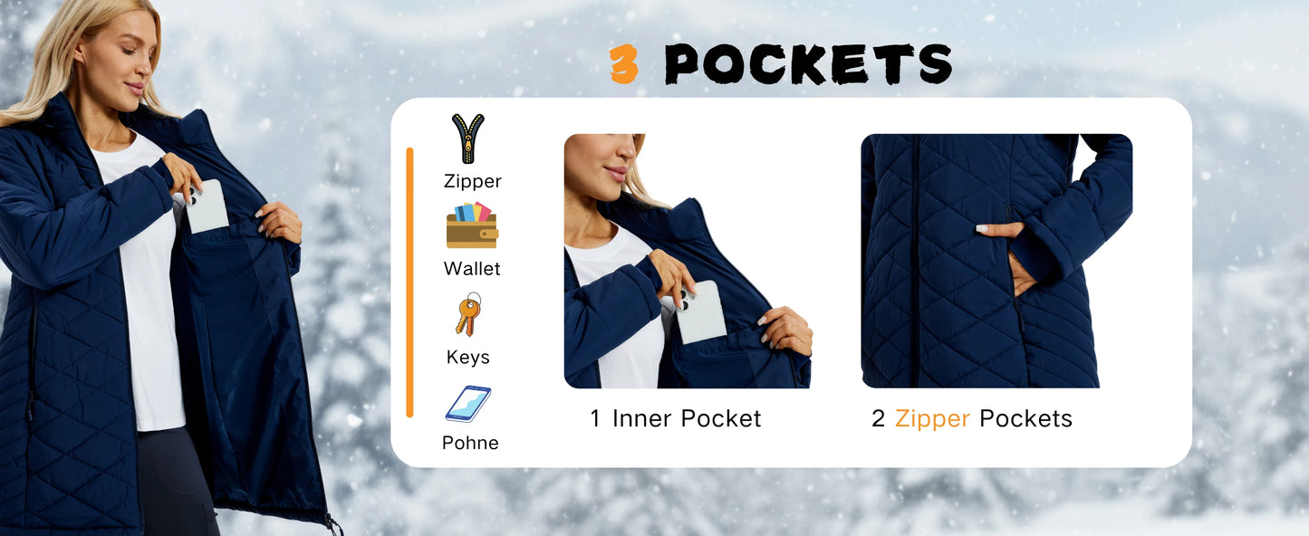 TACVASEN Womens Long Quilted Puffer Hood Jackets Winter Lightweight Warm Insulated Coat Windproof Waterproof Parkas with Pockets