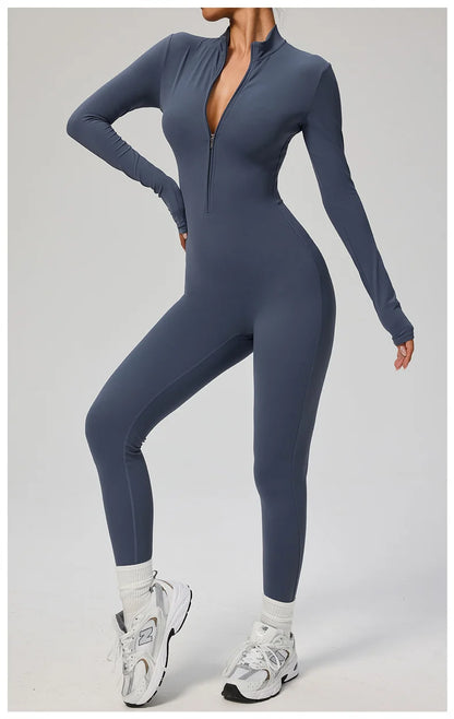TRY TO BN Women's Jumpsuit Long Sleeve Zipper Shapewear Bodysuit Yoga Fitness One Piece Tights Gym Clothing Mono Deportivo Mujer