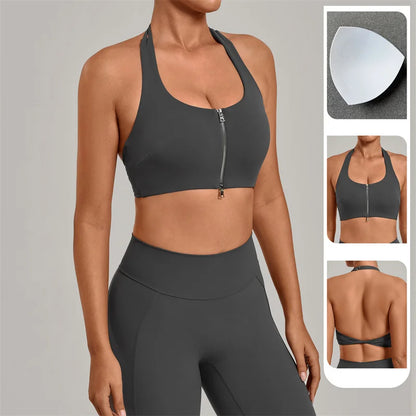 TRY TO BN Yoga Sports Bra Women's Zipper Halter Neck Naked Feeling Backless Underwear Fitness Tops Workout Running Gym Clothing