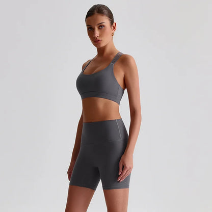Solid Color High Impact Solid Gym Yoga Set Tight Legging Fitness Cross-back straps Bra Top 2pcs Soft Sport Suit  Women Sportwear