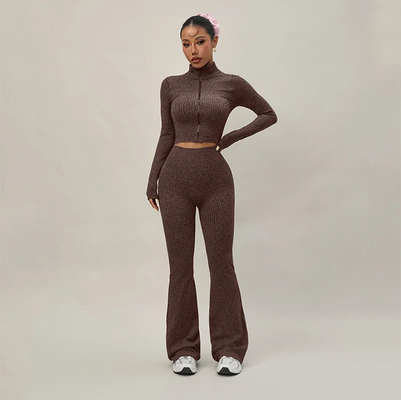 SOISOU 2 PCS Sport Running Sets Autumn Winter Women's Slim Yoga Outfit Long Sleeve Zip Jacket Flared Leggings Fitness Set