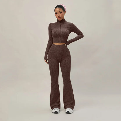 SOISOU 2 PCS Sport Running Sets Autumn Winter Women's Slim Yoga Outfit Long Sleeve Zip Jacket Flared Leggings Fitness Set