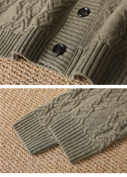 2025 Autumn Winter New Five Needle Thick 100% Merino Wool Sweater Men's Lapel Knit Cardigan Business Casual Warm Shirt Menswear