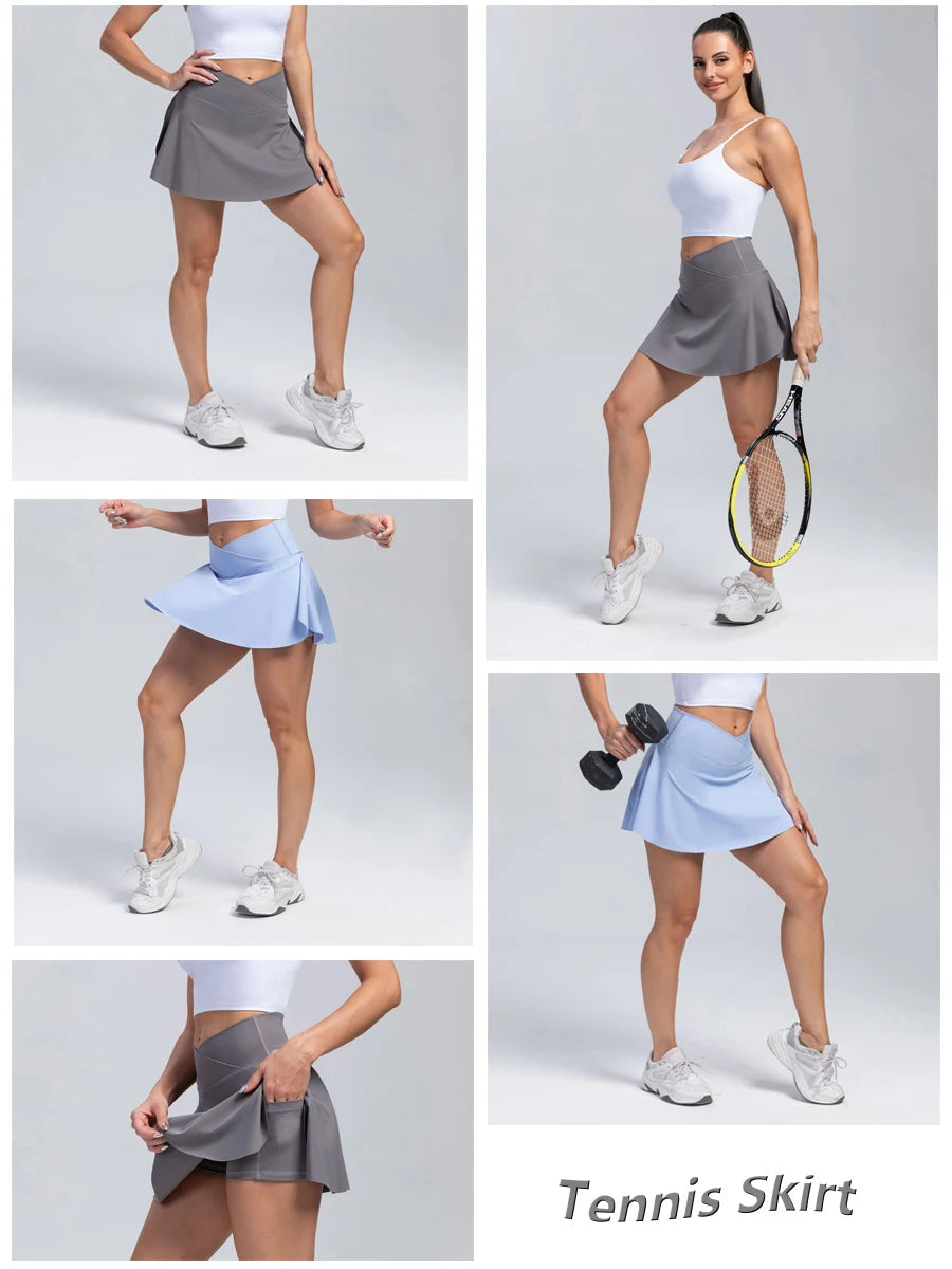 Women Pleated Tennis Skirt with Pockets Shorts Athletic Skirts Crossover High Waisted Athletic Golf Skorts Workout Sports Skirts