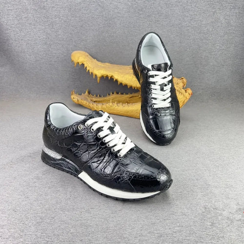 2026 new authentic crocodile leather men's black sneakers real crocodile leather men's soft lace-up casual shoes