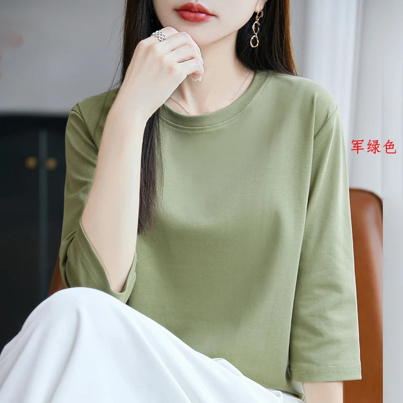 Spring And Summer New White Mercerized Cotton Short Sleeve T-Shirt Feminine Joker Cotton Cropped Sleeve Bottoming Shirt