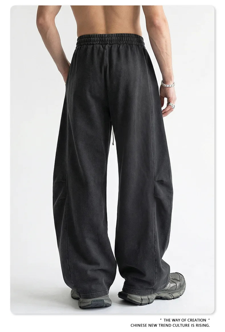 Custom LOGO Men's 320G retro fried snowflake 100% cotton high street scimitar straight tube old loose straight trousers