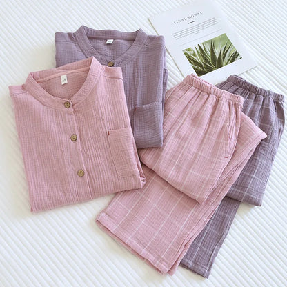 2026 Japanese style new couple sleepwear set 100% cotton crepe fabric long sleeved long pants two-piece home wear pajama
