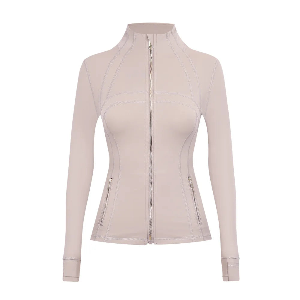 Personalized LOGO custom women's gold zip jacket tight stand-up collar quick-drying fitness running yoga suit 41-color S-3XL top