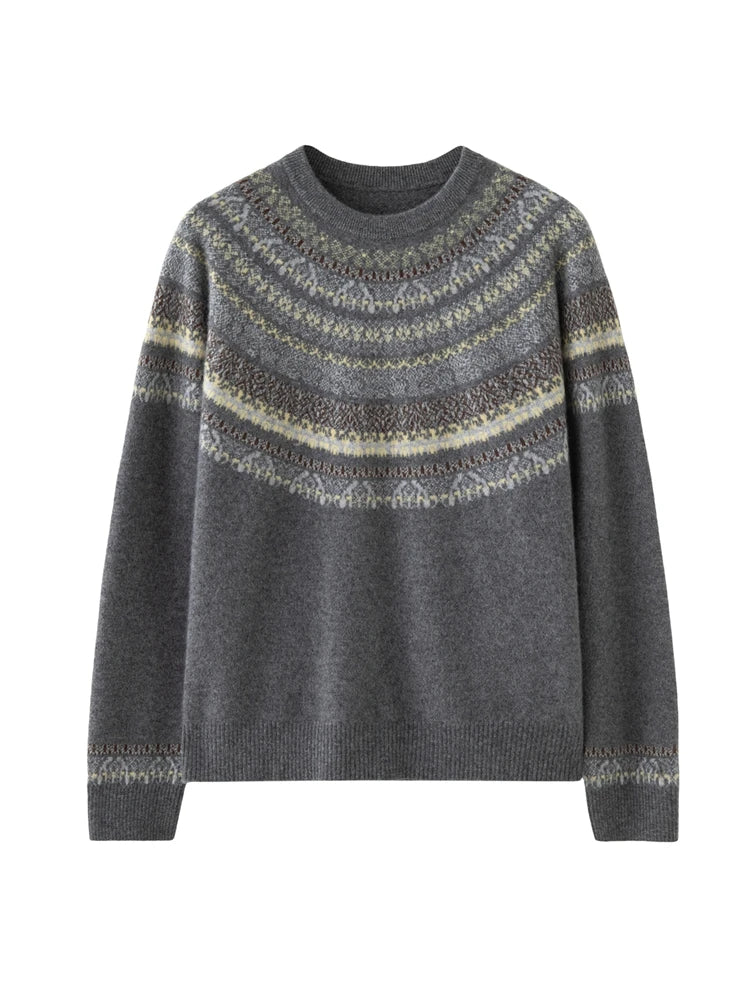CHICUU Women Autumn Winter O-neck Vintage Style Pullover Sweater 100% Cashmere Knitwear Thick Warm Jacquard Knitting Sweater Top
