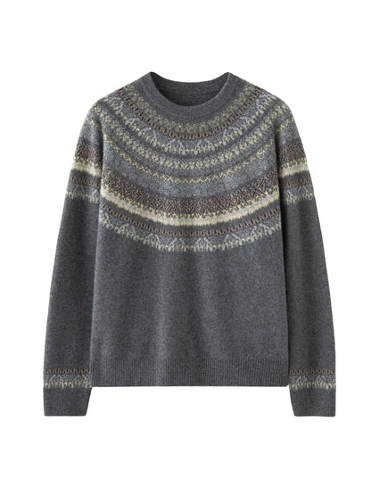 CHICUU Women Autumn Winter O-neck Vintage Style Pullover Sweater 100% Cashmere Knitwear Thick Warm Jacquard Knitting Sweater Top