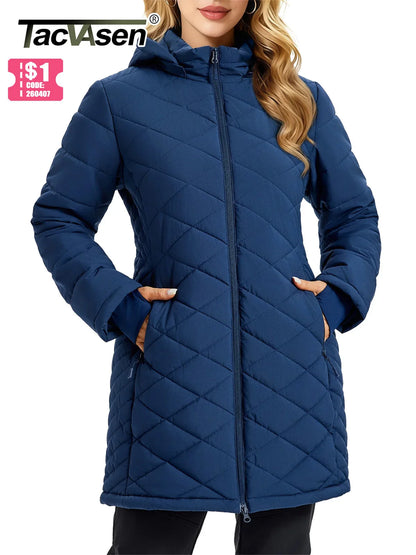 TACVASEN Womens Long Quilted Puffer Hood Jackets Winter Lightweight Warm Insulated Coat Windproof Waterproof Parkas with Pockets