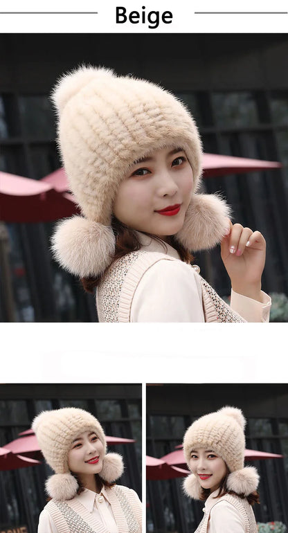 Fashion Women Real mink hat Winter warm mink fur knit hats Women fox fur ball cap