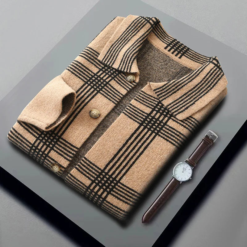 100% Merino Wool Men's Lapel Collar Knit Cardigan Coat 2025 Spring/ Autumn New POLO Neck Grid Suit Shirt Cashmere Jacket Sweater