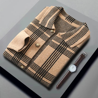 100% Merino Wool Men's Lapel Collar Knit Cardigan Coat 2025 Spring/ Autumn New POLO Neck Grid Suit Shirt Cashmere Jacket Sweater
