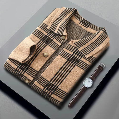 100% Merino Wool Men's Lapel Collar Knit Cardigan Coat 2025 Spring/ Autumn New POLO Neck Grid Suit Shirt Cashmere Jacket Sweater