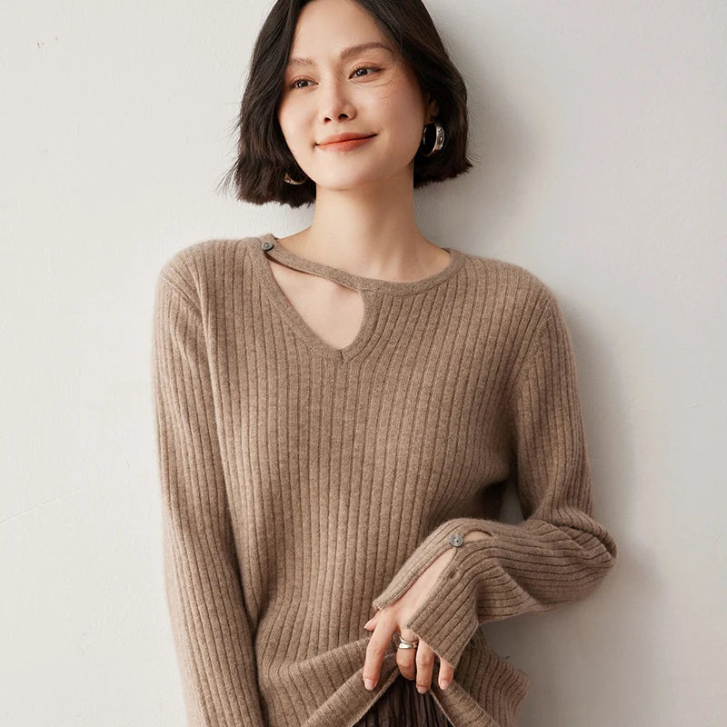 CHICUU Women's 100% Cashmere Knit Pullover Sweater Cut Out Collar Long Sleeve Pullover Autumn Winter Basic Cashmere Knitwear Top
