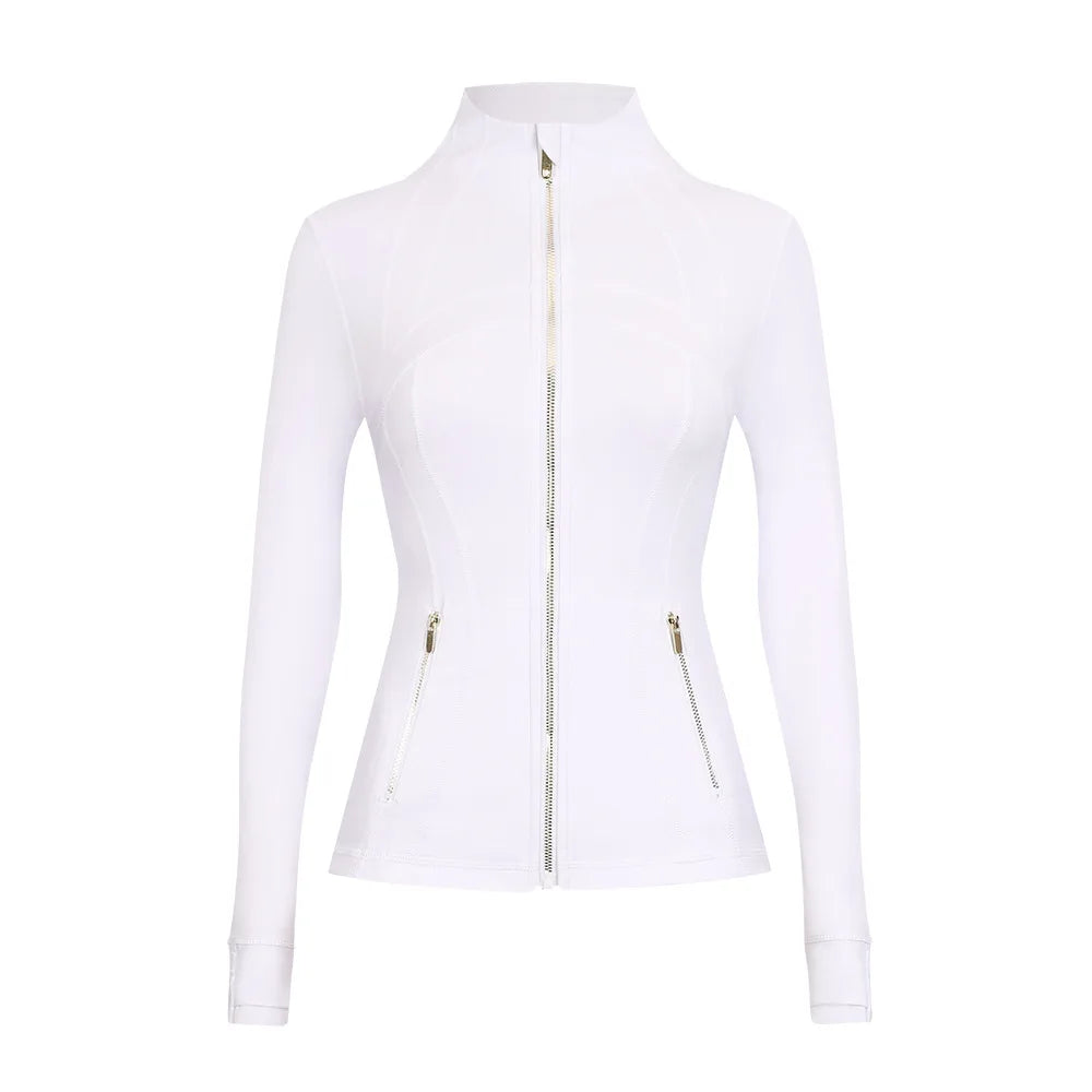Personalized LOGO custom women's gold zip jacket tight stand-up collar quick-drying fitness running yoga suit 41-color S-3XL top