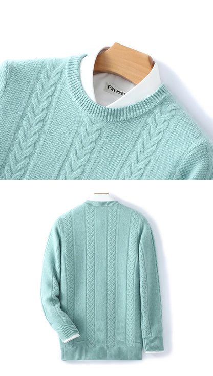 100% Merino Wool Sweater Men's Round Neck Thickened Tops Autumn Winter New Soft Warm Casual Solid Color Knitted Pullover