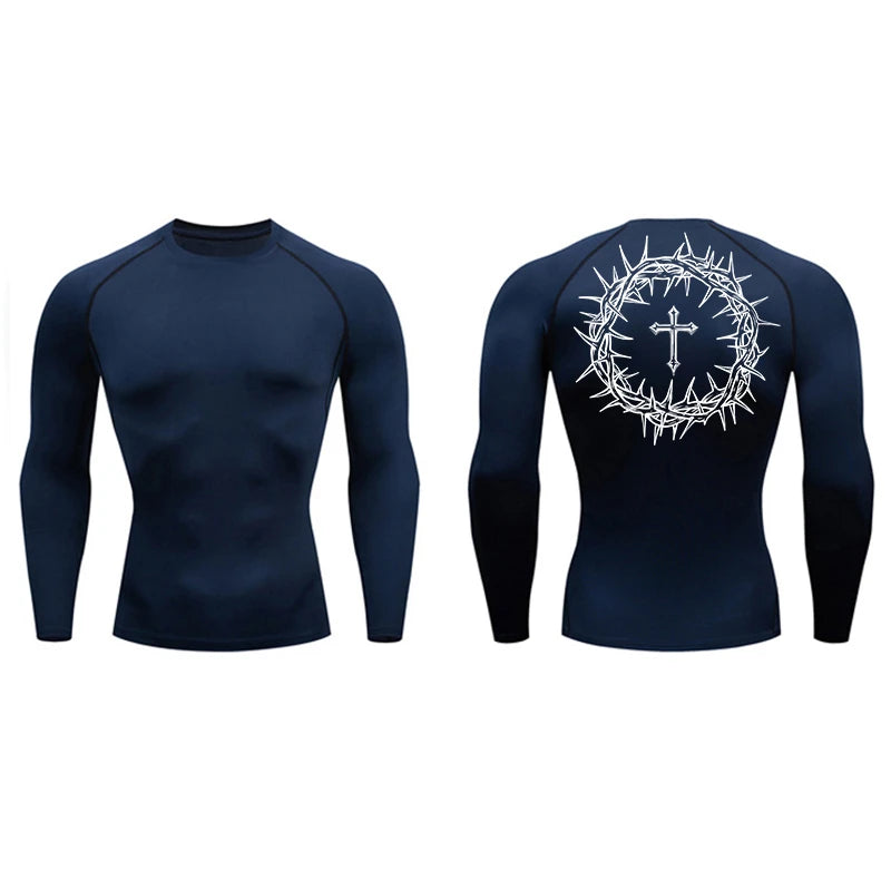 Long Sleeve Revena™ "Crown Of Thorns" Pattern Elastic Compression Shirt