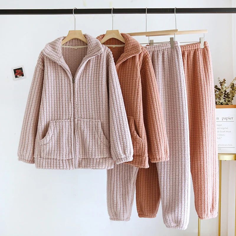 2026 New Autumn/Winter Pajama Set Couple Flannel Long Sleeve Pants Two Piece Coral Fleece Home Fur for Men and Women