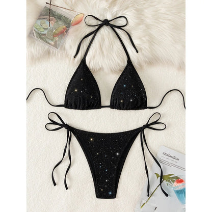 Glitter Sparkling Halter High Leg Cut Bikini Female Swimsuit Women Swimwear Two-pieces Bikini set Bather Bathing Suit Swim V5501