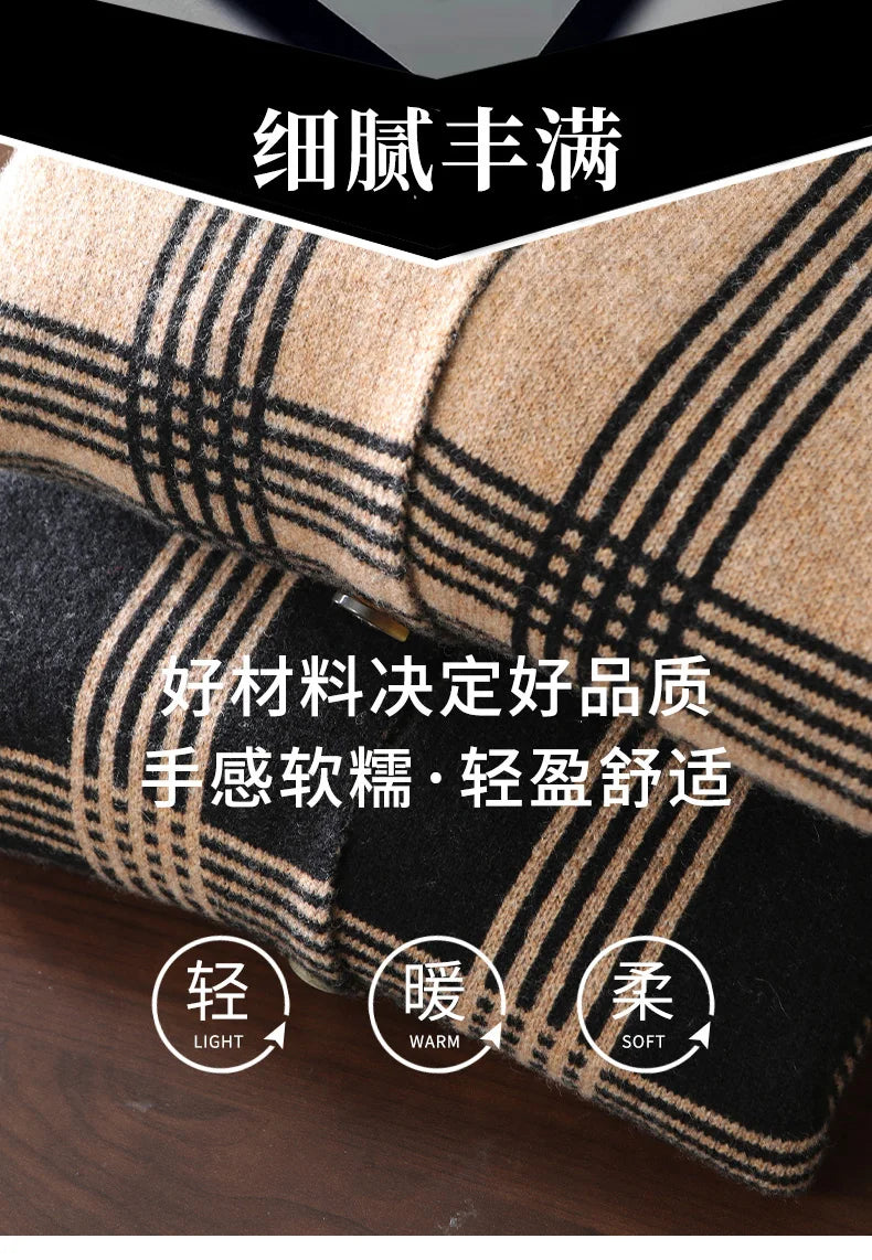 100% Merino Wool Men's Lapel Collar Knit Cardigan Coat 2025 Spring/ Autumn New POLO Neck Grid Suit Shirt Cashmere Jacket Sweater