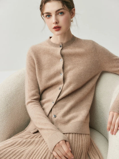 CHICUU Autumn Winter Women Thick O-neck Cardigan Basic Simple 100% Cashmere Sweater Solid Long Sleeve Cardigan Coat Knitwear