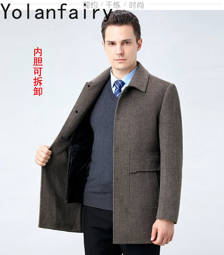 YOLANFAIRY 100% Cashmere Jacket for Men 2025 Autumn Winter Mid-length Wool Coats Man Clothing Casual Business Men's Woolen Coat