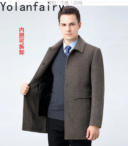 YOLANFAIRY 100% Cashmere Jacket for Men 2025 Autumn Winter Mid-length Wool Coats Man Clothing Casual Business Men's Woolen Coat