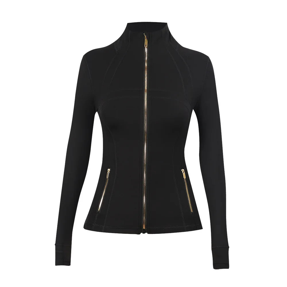 Personalized LOGO custom women's gold zip jacket tight stand-up collar quick-drying fitness running yoga suit 41-color S-3XL top