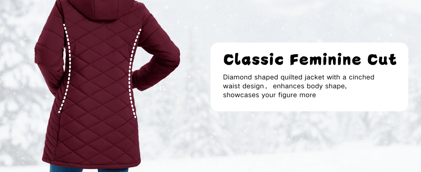 TACVASEN Womens Long Quilted Puffer Hood Jackets Winter Lightweight Warm Insulated Coat Windproof Waterproof Parkas with Pockets