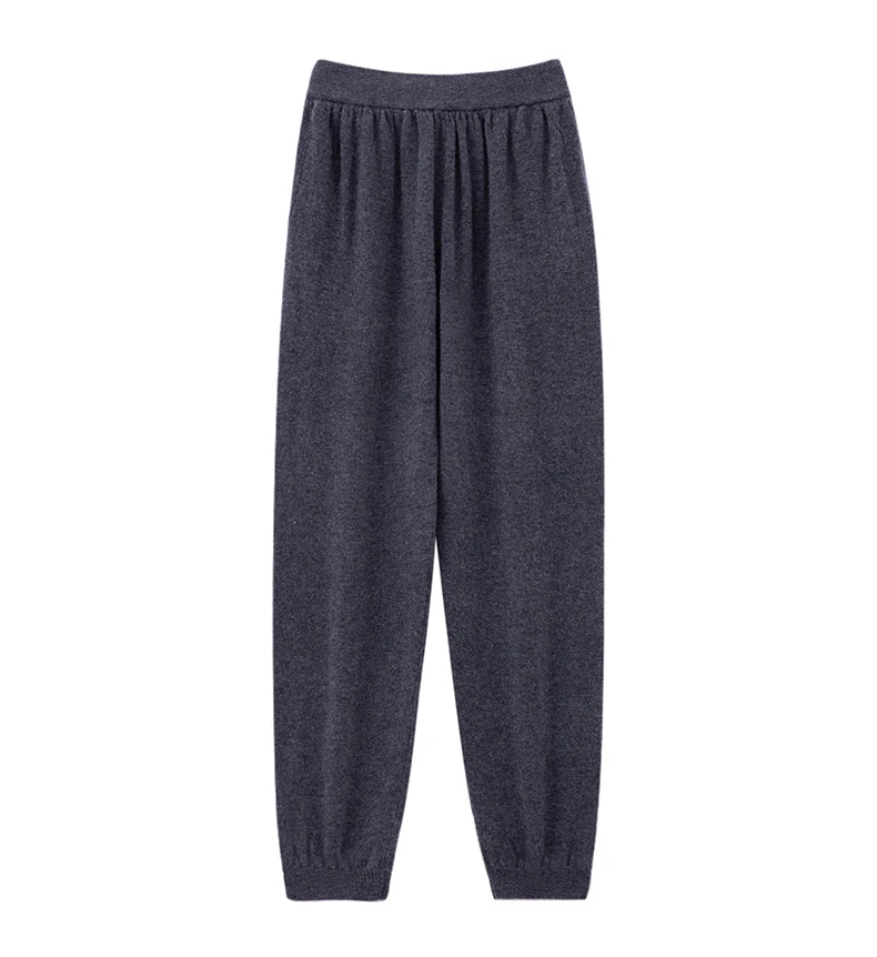 2024 Autumn And Winter New 100% Pure Wool Flat Small Foot Pants Women Loose High Waist Lean Knitted Cashmere Bunched Foot Pants