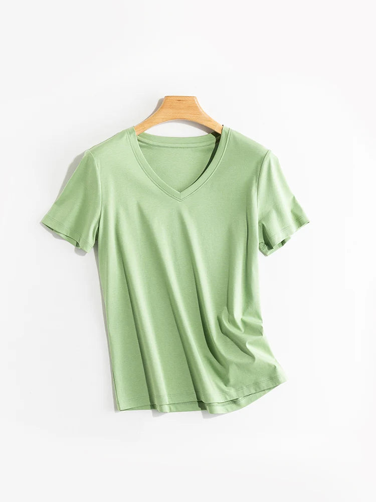 SuyaDream Women Solid T shirts, Silk Cotton Blend, O Neck, Short Sleeved Solid Tee,2025 Summer Candy Colors Basic Cozy Top Green