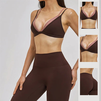 TRY TO BN Women's Color Block Yoga Sets Fake Two-Piece Sports Bra High Waisted Leggings Breathable Fitness Workout Gym Tracksuit