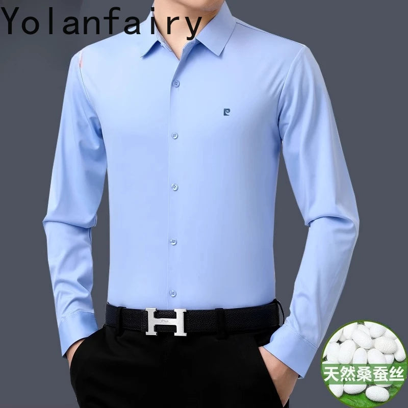 YOLANFAIRY 100% Mulberry Silk Long Sleeve Shirt Man Spring Autumn Casual Silk Mens Shirts Warm Male White Shirt chemises hommes
