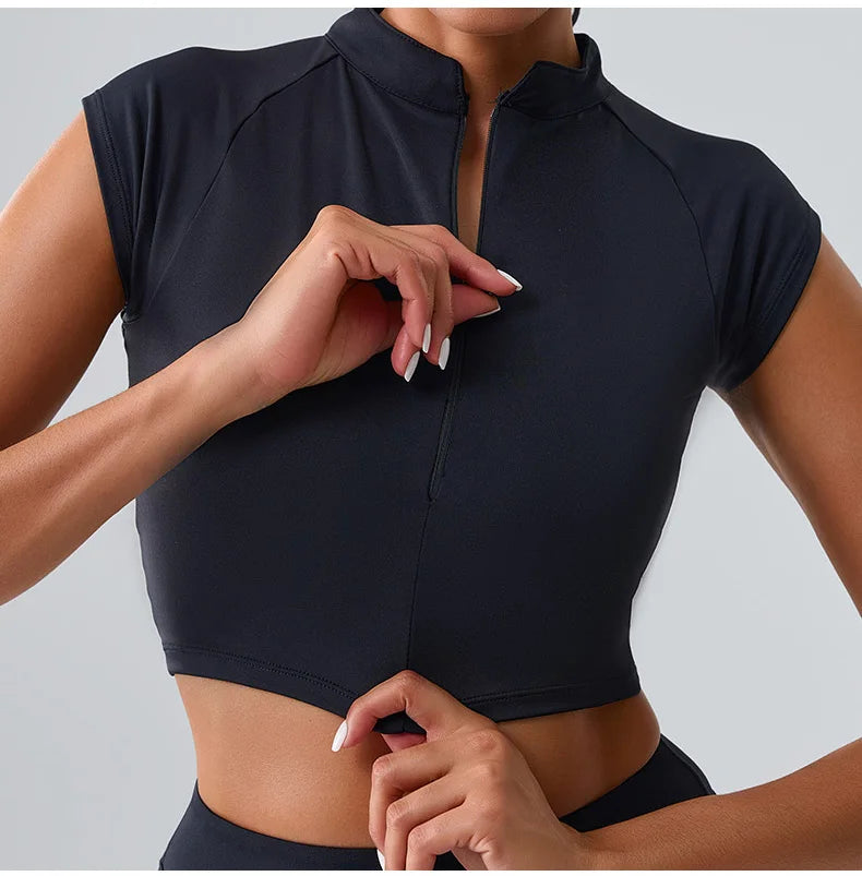 Zipper Sports Crop Top Women Short Sleeve Yoga Top Shirts Light Weight Gym Push Up Top Sports Shirt Running Workout Crop Tops
