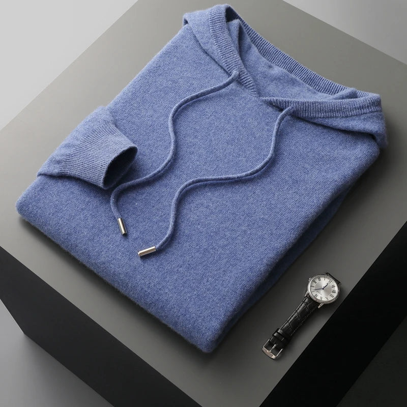 Men's 100% Merino Wool Sweater Hooded Collar Knitted Pullover Cashmere Sweatshirt Autumn Winter Casual Large Tops Long Sleeved